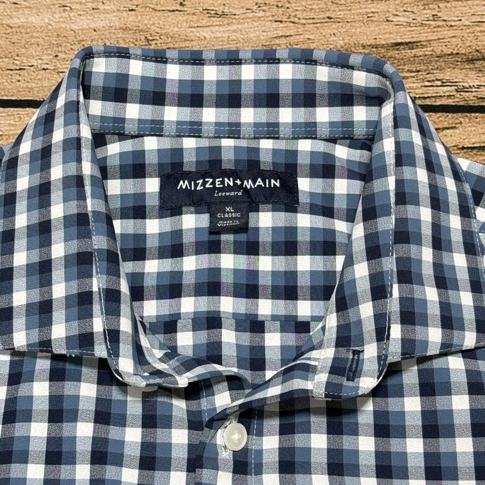 Mizzen+Main Leeward Dress Shirt Mens XL Blue Gingham Performance Classic Fit